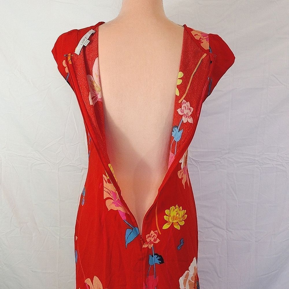 LOFT Orange Red Lily Floral Cap Sleeve Side Slit Midi Dress SMALL - Picture 15 of 16